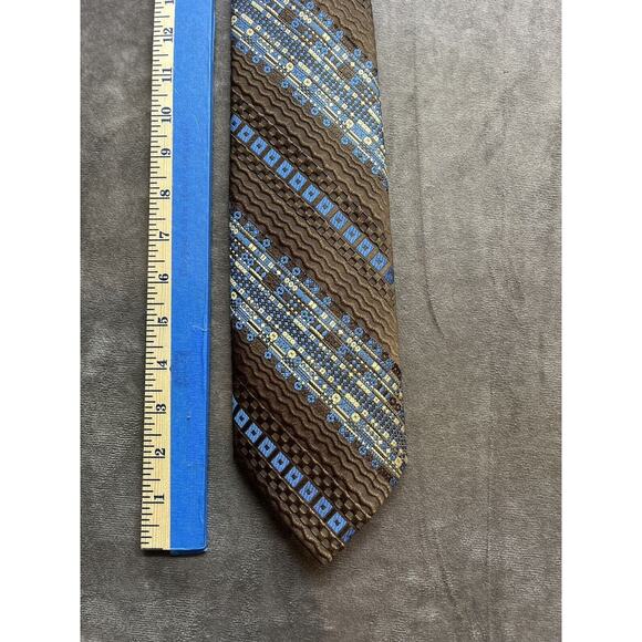 Vintage 1970s Wide Mens Don Loper‎ Poly Woven Tie Brown Geometric Fun Pattern - Picture 1 of 6